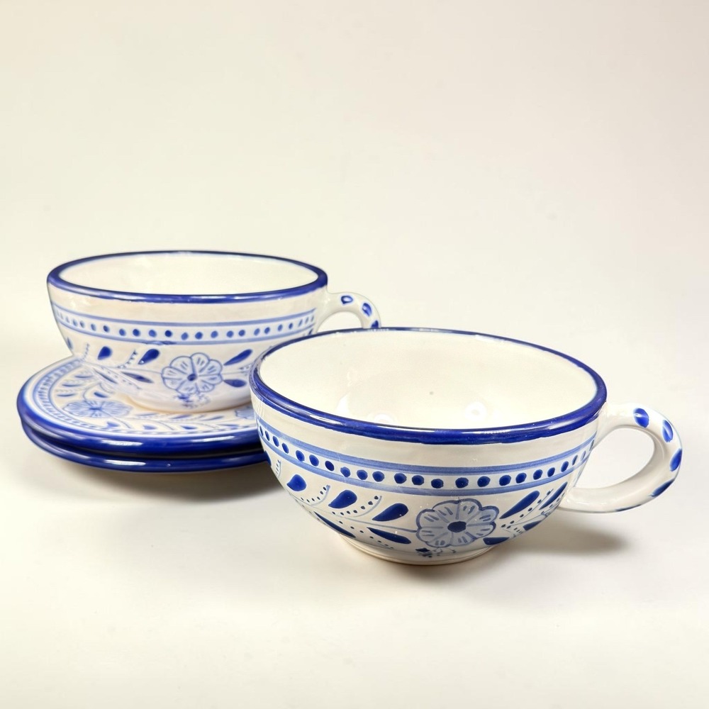 Le Souk Ceramique Tabarka Blue White Hand Painted Cup and Saucer Set of 2 Large